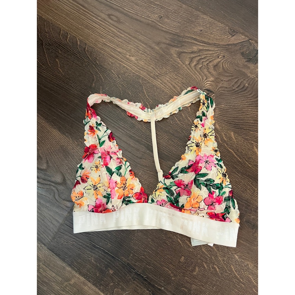 Victoria's Secret PINK Floral Lace Bralette Racerback Logo Band Cream Small‎